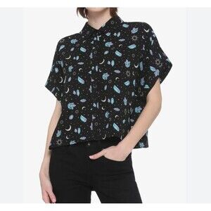 Hot Topic Shirt Womens M Black Pastel Crystals Celestial Crop Button Up Goth